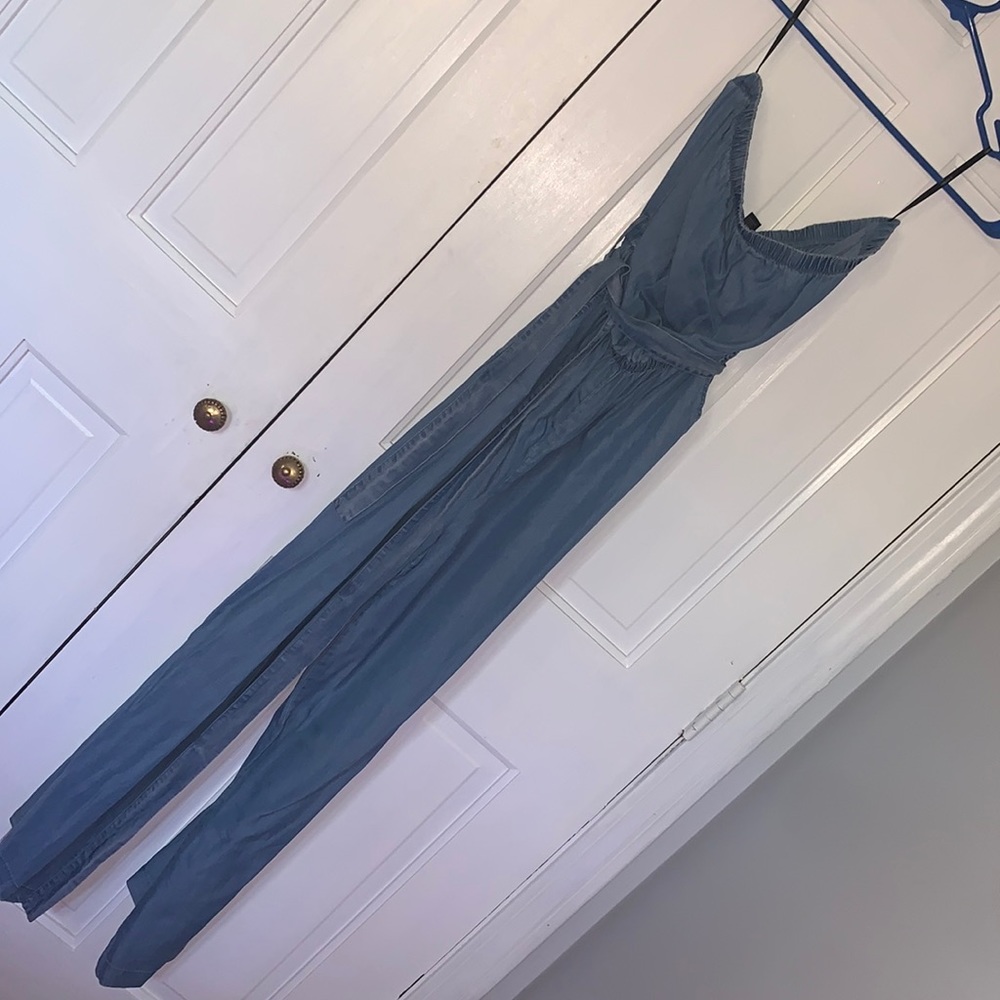Blue denim strapless jumpsuit